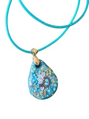 Turquoise Floral Teardrop Resin Pendant Necklace - Unique/ Handmade